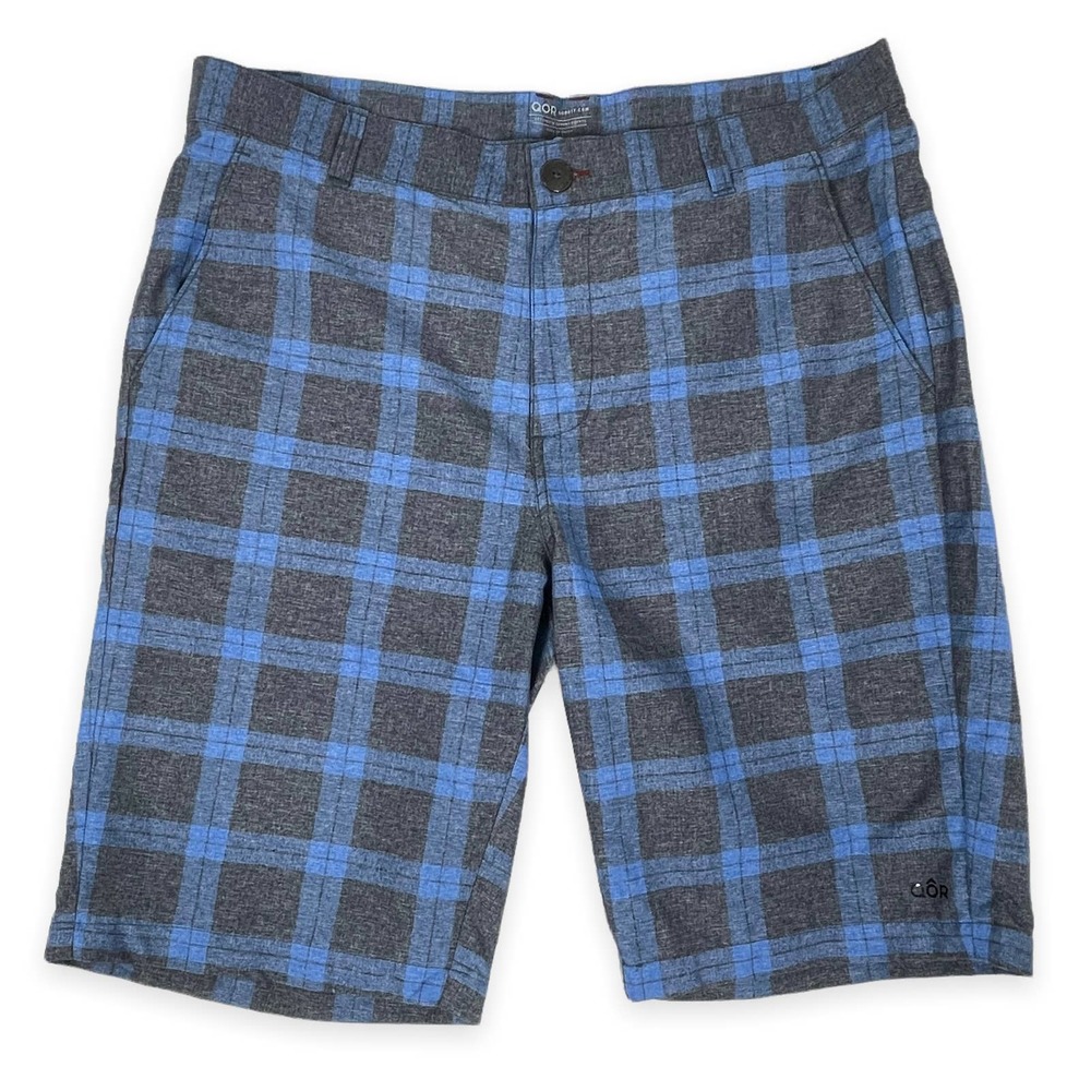 QOR Kit Performance Chino Short Men 36 Blue Gray Plaid Woven Golf Active Travel
